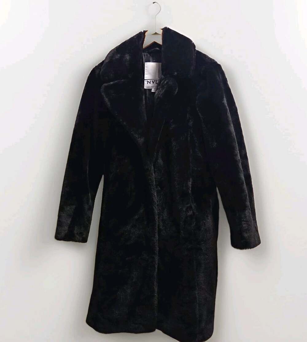 NVLT Women’s Black Long Overcoat Hook & Eye Collared Lined Sz S Faux Fur